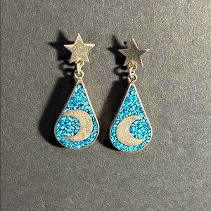 Vintage Sterling Silver Taxco Star & Crescent Teardrop Earrings with Blue Inlay